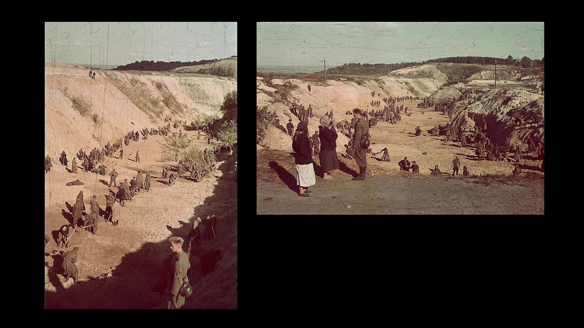 Two photographs from the site of the Babyn Yar massacre from Johannes Gele's film (Center for Spatial Technologies, 2020)