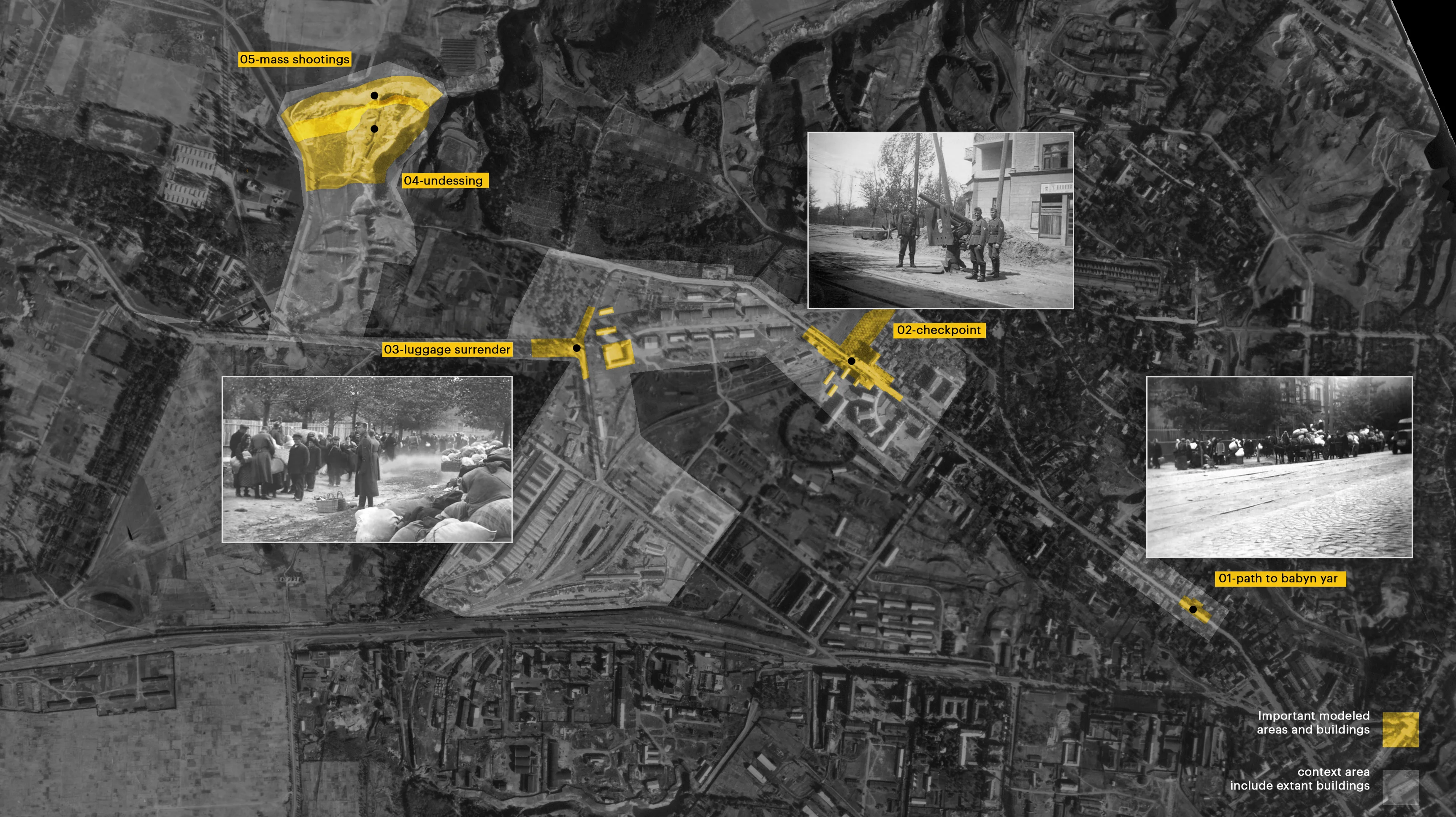 Key locations on the way to Babyn Yar on September 29-30, 1941: 01 - the way to Babyn Yar via Illienko Street. 02 - a checkpoint at the intersection of Illienko and Romodanov streets, 03 - a place on Dorohozhytska Street where people's luggage and outerwear were taken away from them 04 - a sand quarry in Babyn Yar where people were undressed before being shot 05 - the western edge of Babyn Yar where mass executions took place (Center for Spatial Technologies, 2020)