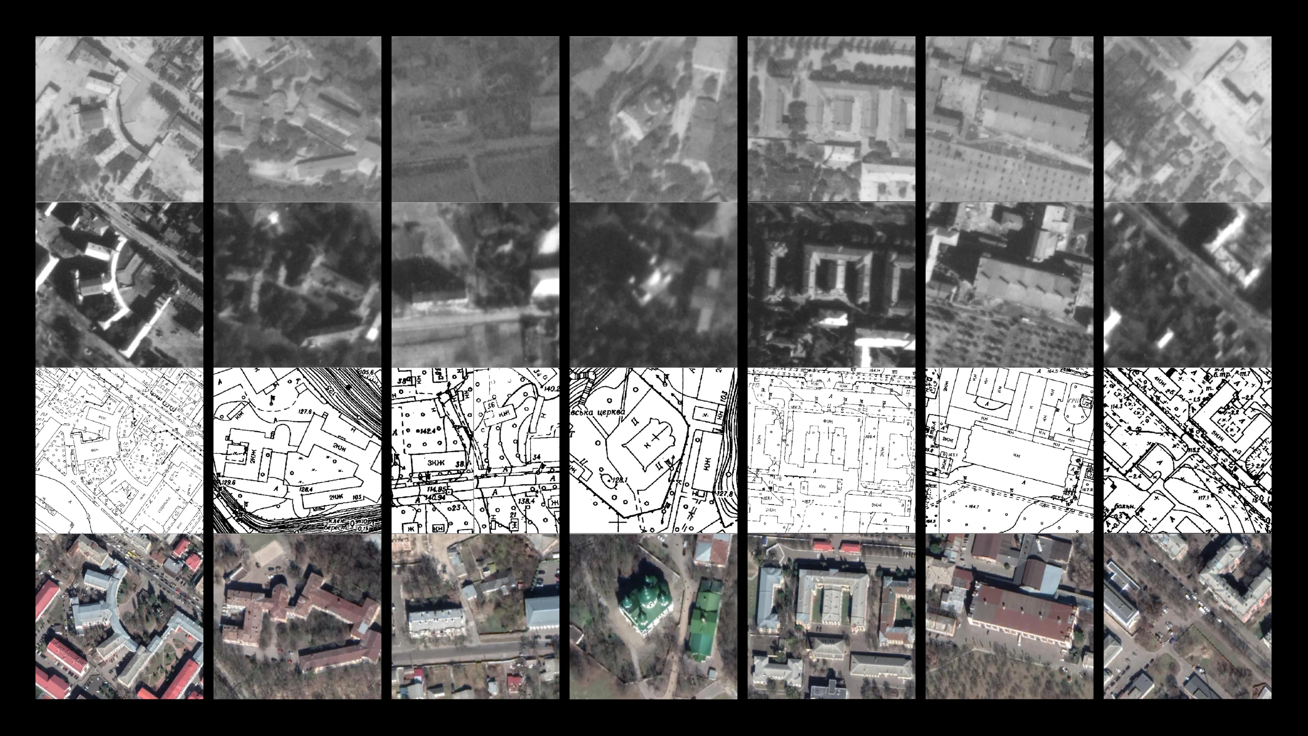 Fragments of aerial images from different historical periods are compared with a topographic map. (Center for Spatial Technologies, 2020)