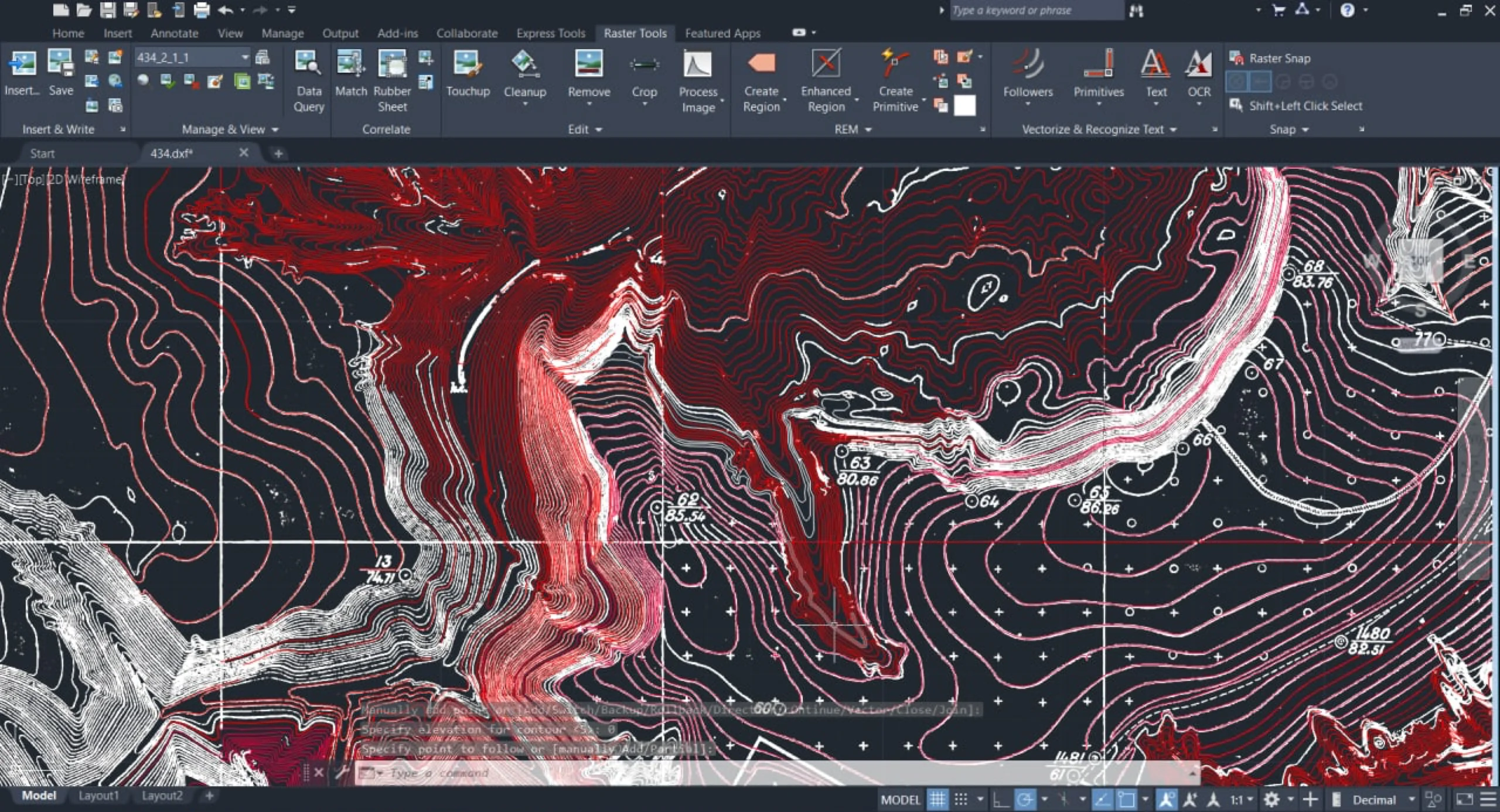 The process of drawing topographic lines from archival drawings. (Center for Spatial Technologies, 2020)