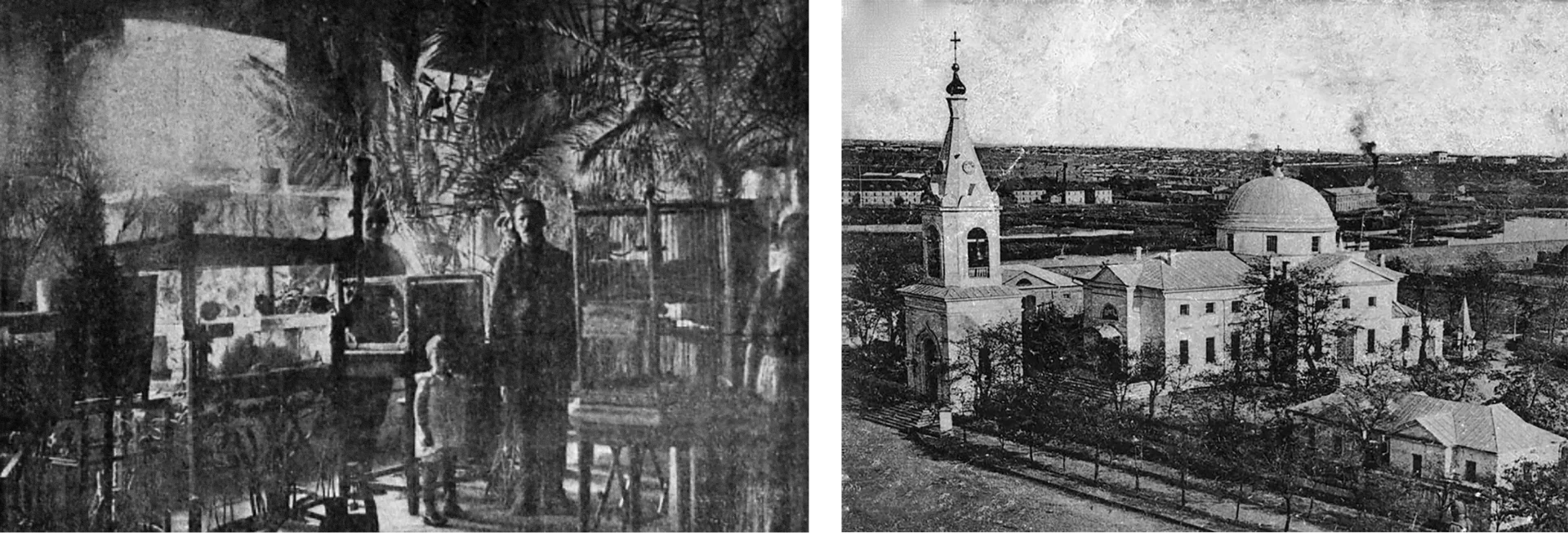 Left: One of the rooms of the Leontovych zoo. Right: A postcard from the beginning of the 20th century shows the church of St. Gregory the Great of Armenia.