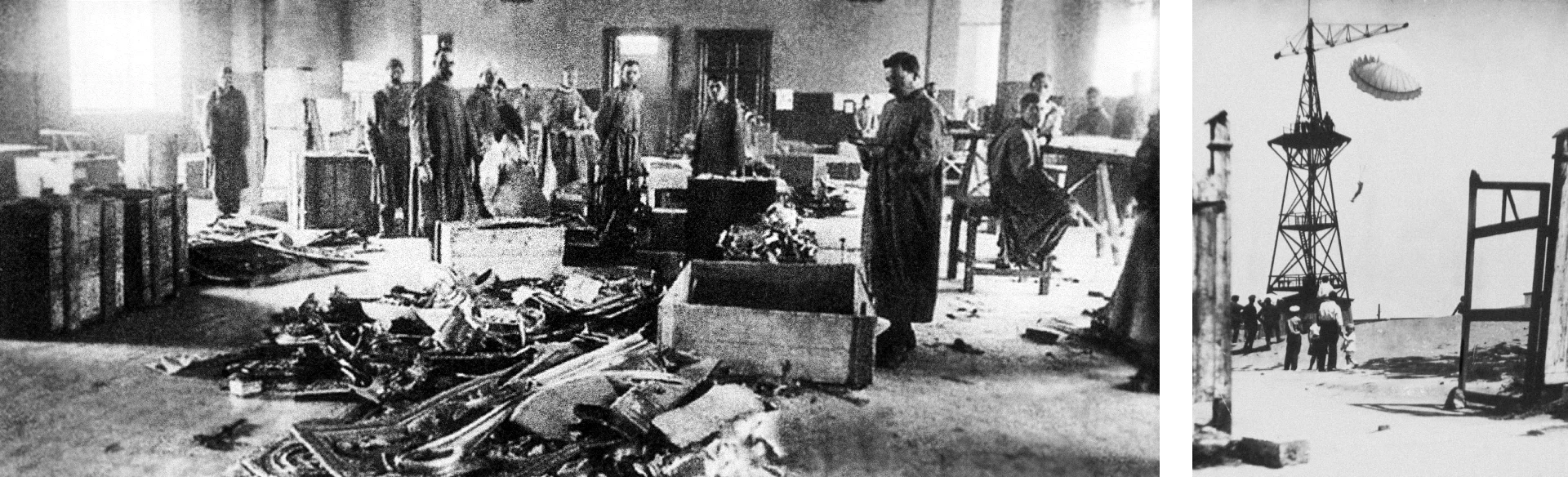 Left: Dismantling and sorting of confiscated church valuables. Right: Parachute jump tower in Mykolaiv. Late 1930s .