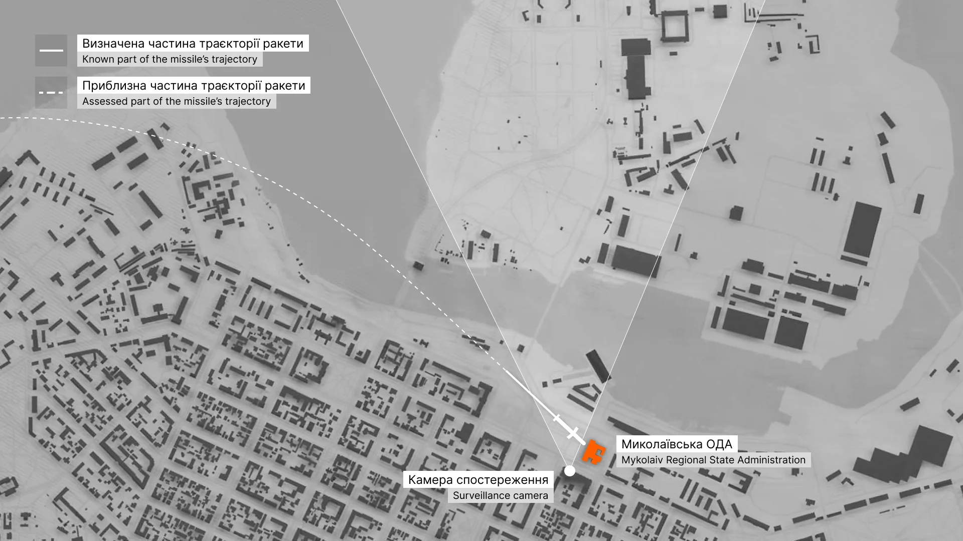 The missile's trajectory as it approached the Mykolayiv Regional State Administration’s headquarters. (Center for Spatial Technologies)